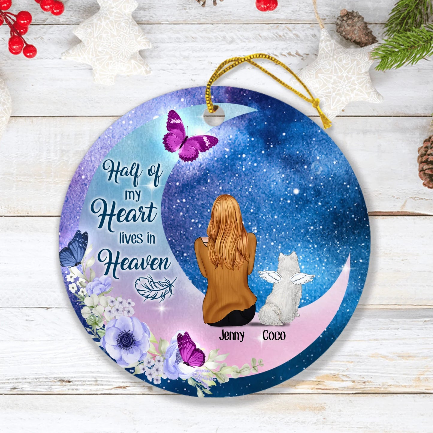 Personalized Memorial Pet Mom Flower Moon Ornament - Woman With Up to 4 Pets - Best Gift For Cat/Dog Lover - Half Of My Heart Lives In Heaven