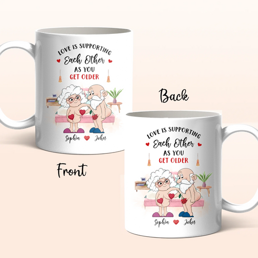 Personalized Funny Old Couple Coffee Mug - Gift Idea For Couple - Love Is Supporting Each Other As You Get Older