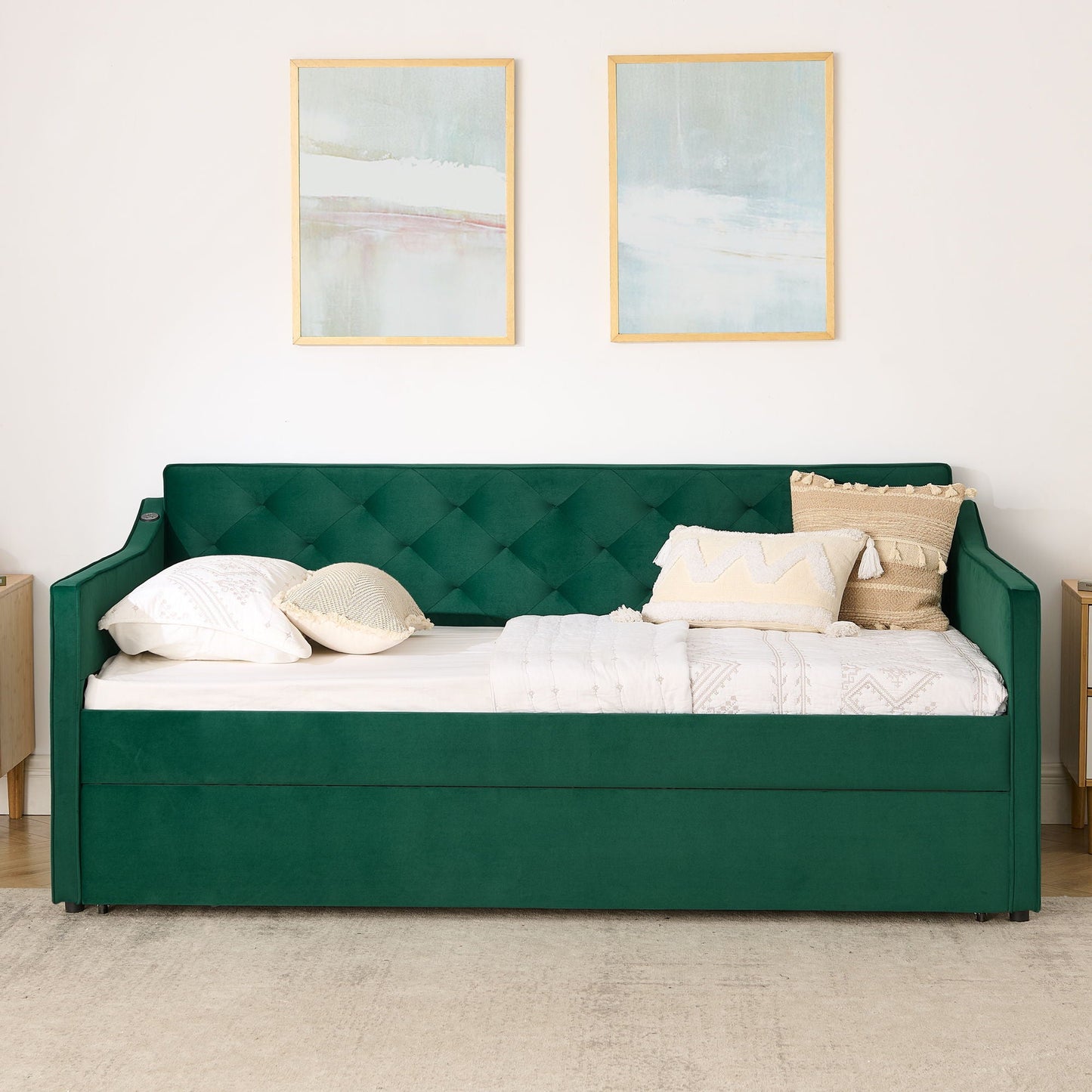 Daybed With Pop Up Trundle And USB Charging Armrest