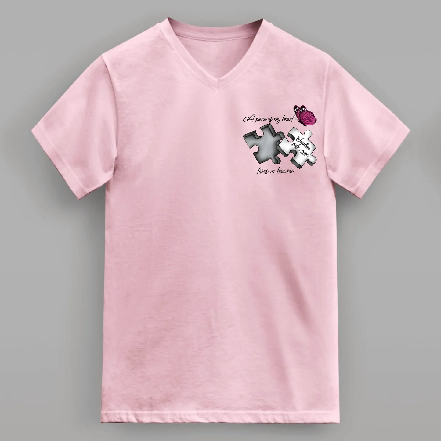 Personalized Memorial V-Neck T-Shirt - Memorial Gift Idea for Mother's Day/Father's Day - A Piece Of My Heart Lives In Heaven