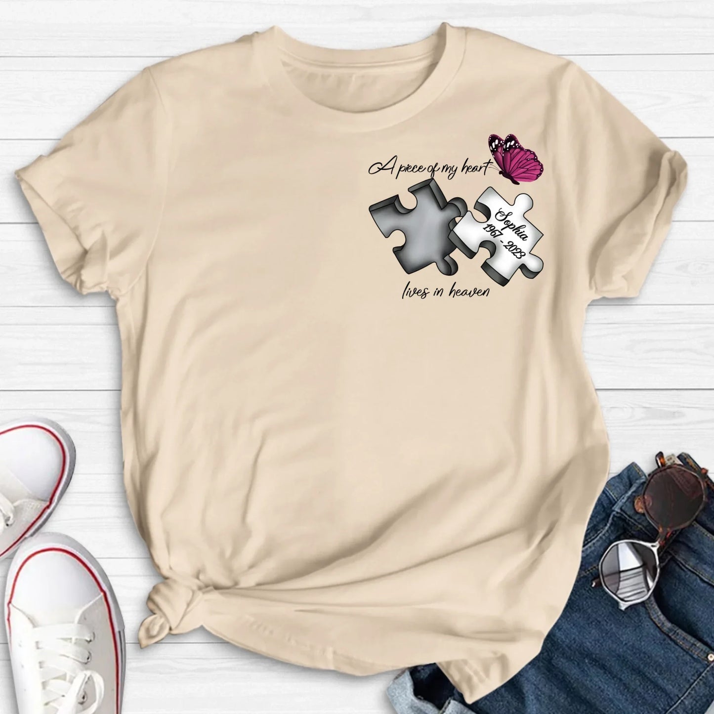Personalized Memorial Butterfly Shirt/Hoodie - Memorial Gift Idea - A Piece Of My Heart Lives In Heaven