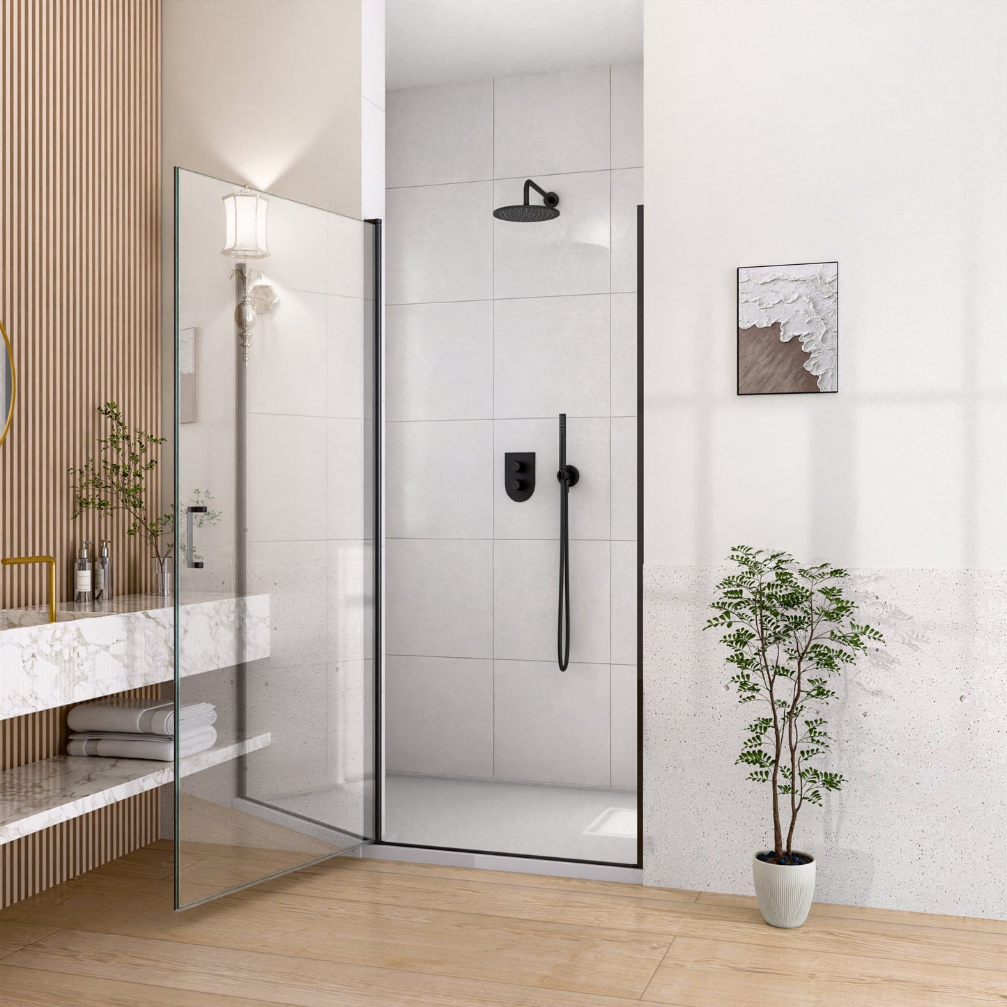 24" W x 72" H Semi-Frameless Circular Pivot Shower Door in Matte Black