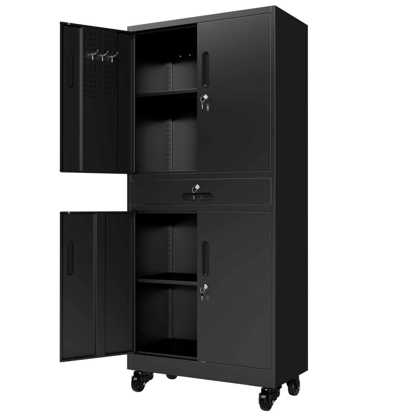 Metal Storage Cabinet with Drawer, Locking Doors, and Rolling Wheels