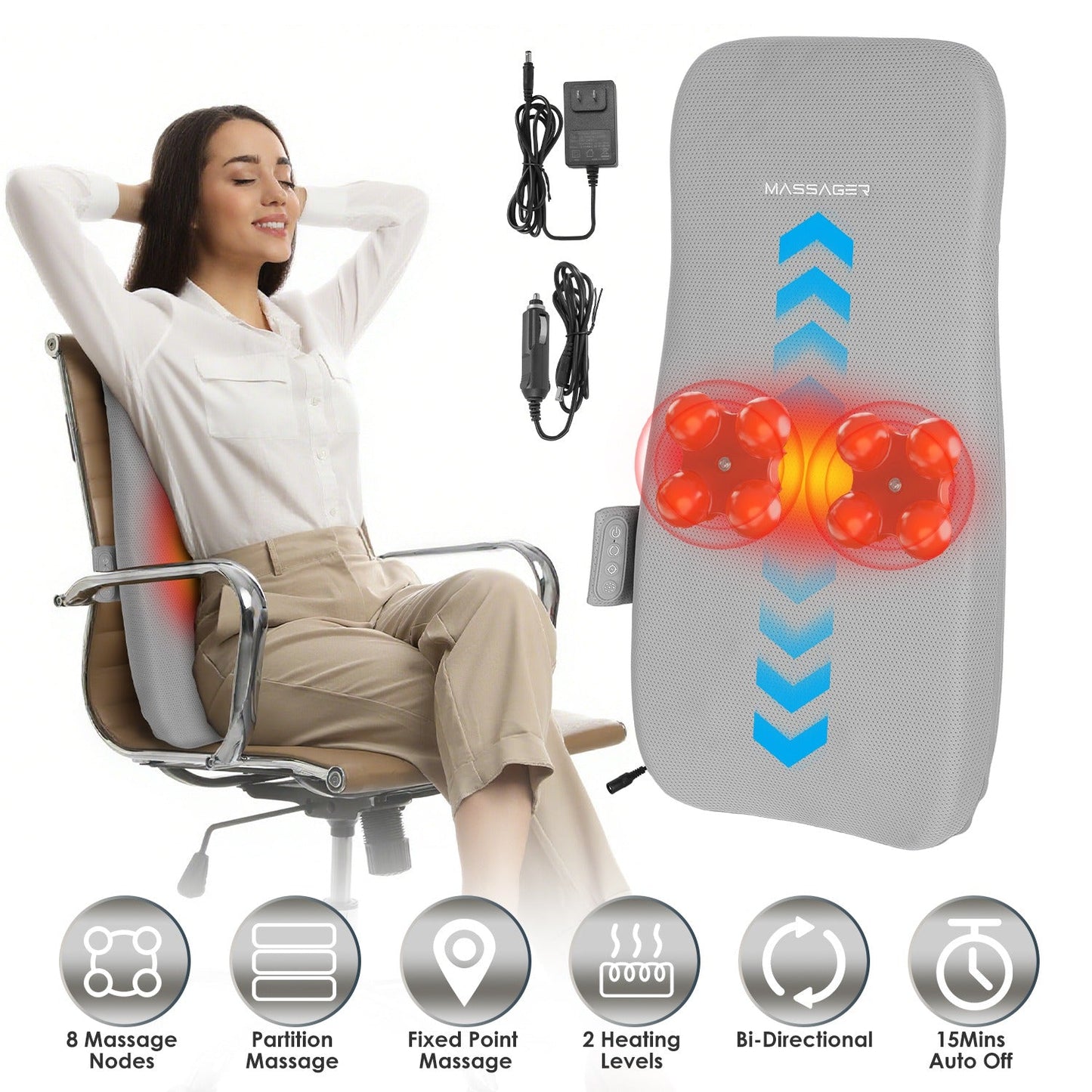 Full Back Massager With Rolling Kneading Nodes Soothing Heating 3D Deep Tissue Shiatsu Chair Massage Pad For Lumbar Upper Lower Back Gift For Women Me