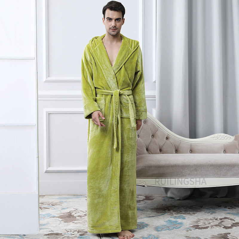 Mens Winter Hooded Thickened Long-Style Nightgown