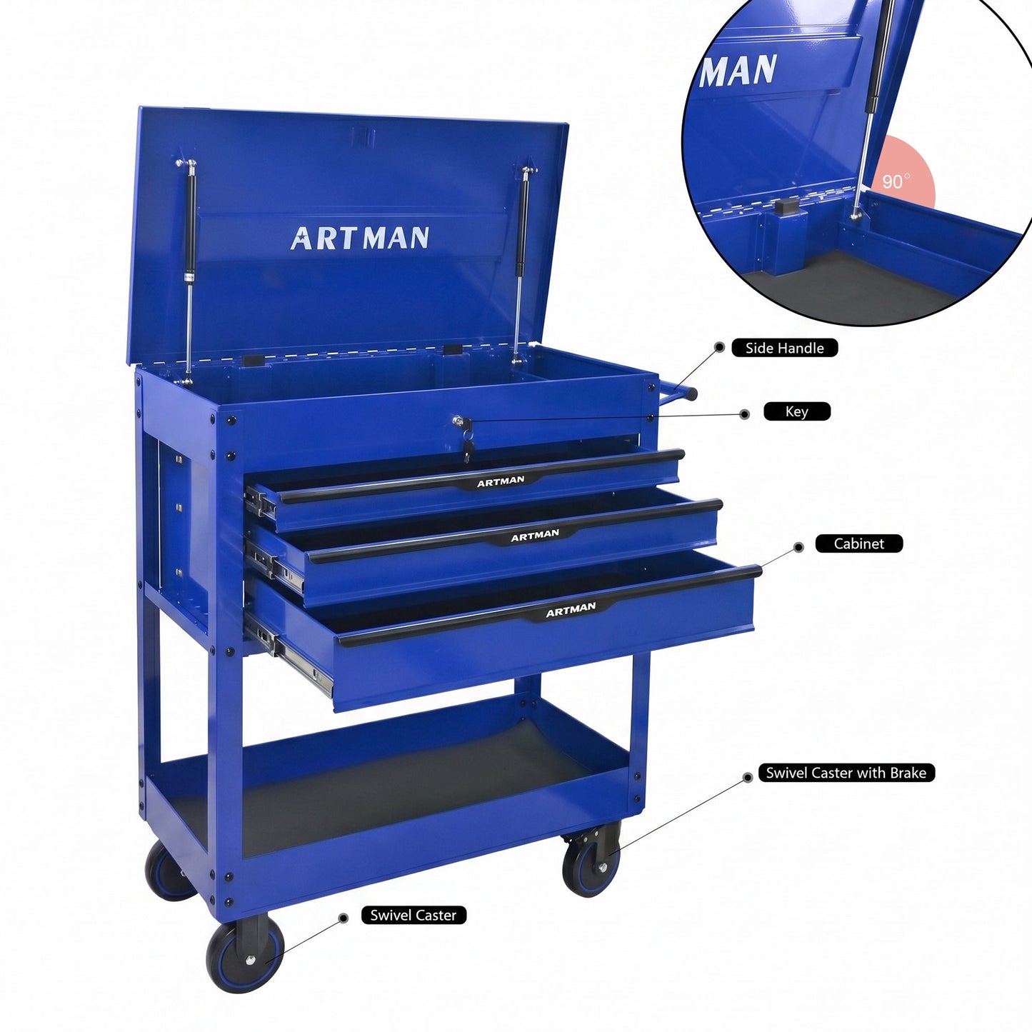 3 Drawers Multifunctional Tool Cart with Wheels and Steel Top - Blue & Black