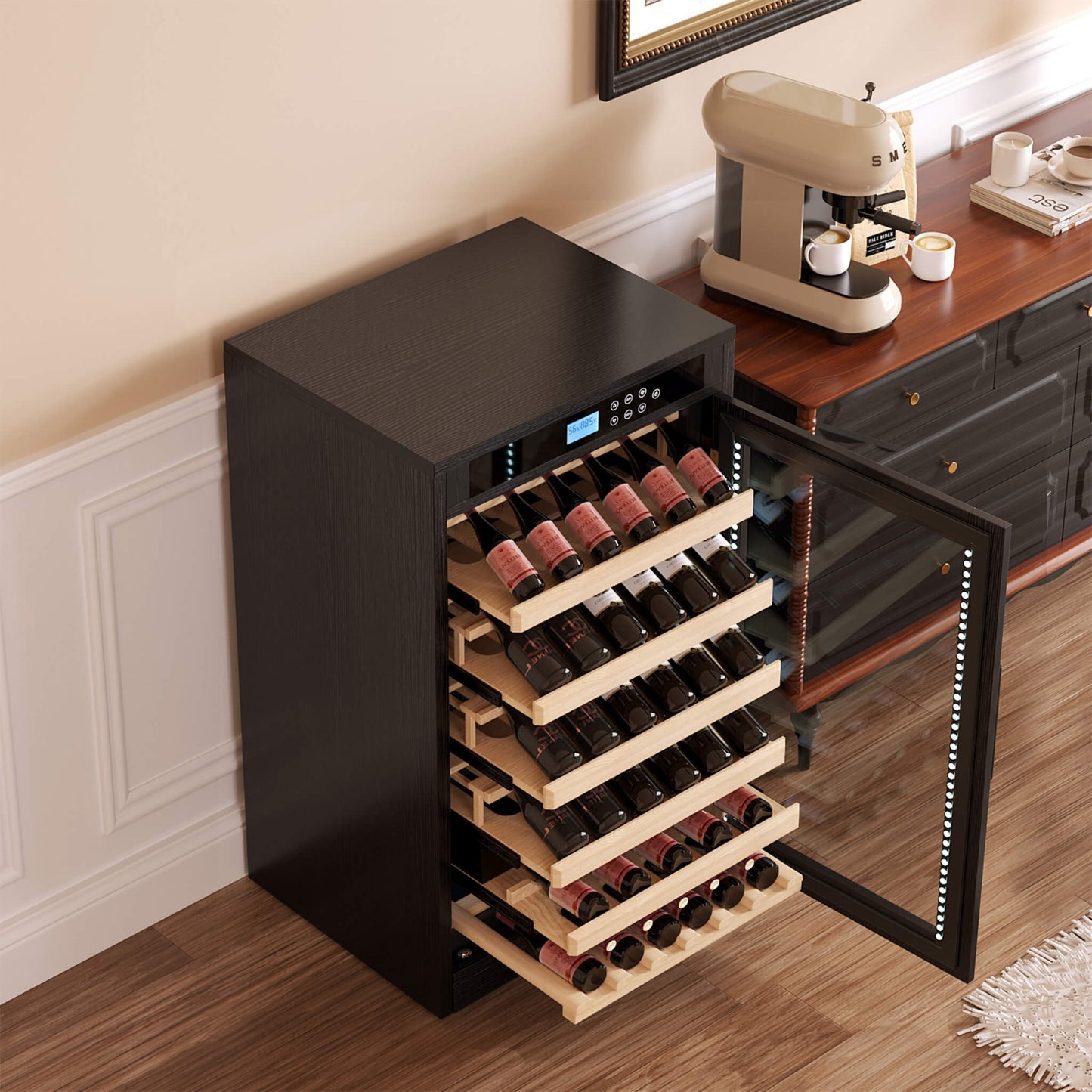 Nuvia 69-Bottle 7.6 Cu.Ft Freestanding Smart Wooden Wine Cooler With LED Touch Display (SAK24861)