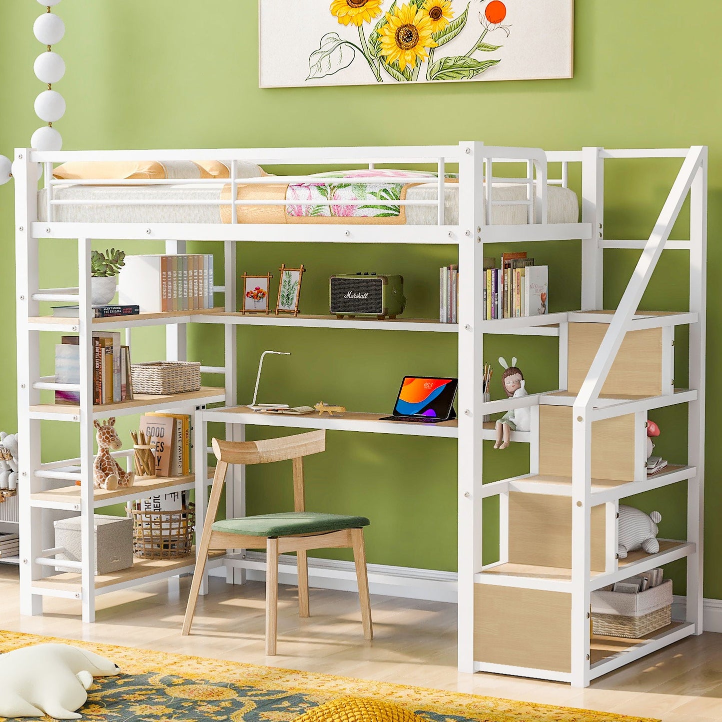Twin Size Loft Bed With Built In Desk, Staircase Storage & 4 Tier Shelves - White
