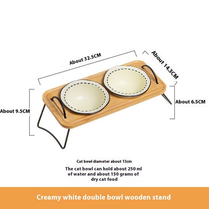 Pet Wooden Rack Multi-functional Ceramic Cat Bowl Anti-tumble Water Feeding Oblique Mouth Easy To Clean