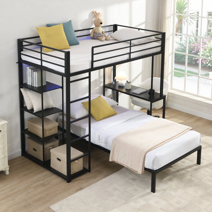 Metal Loft Bed Frame with LED Light Strip, Side Storage Shelves & Built-in Desk