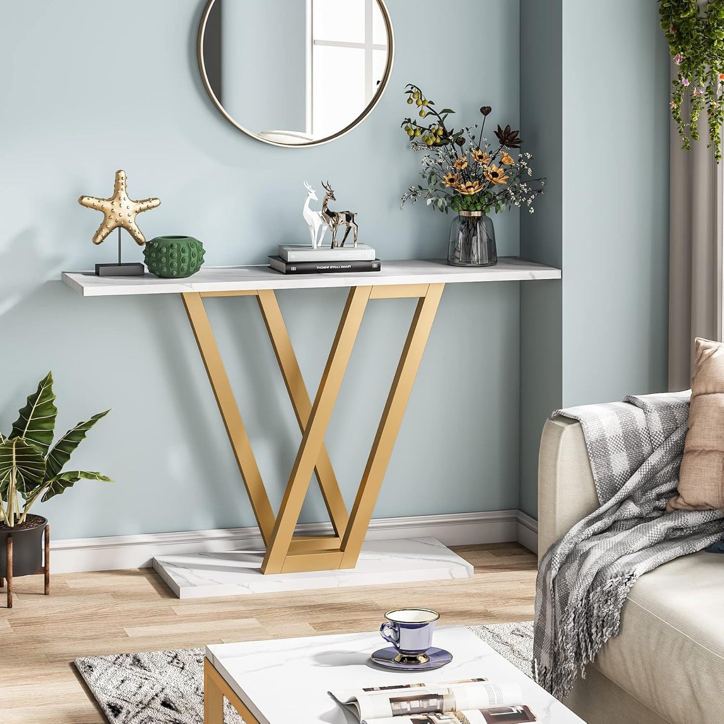 Console Table With Top With V Leg Frame For Hallway, Living Room - White / Gold