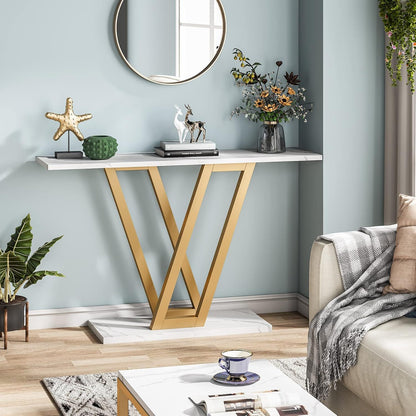 Console Table With Top With V Leg Frame For Hallway, Living Room - White / Gold