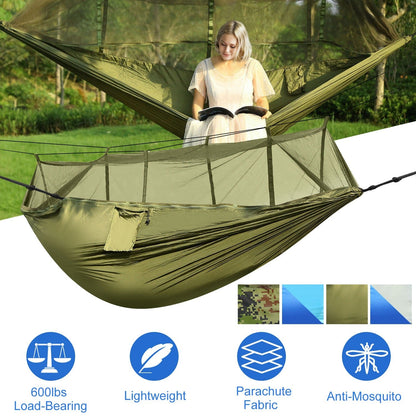 600lbs Load 2 Persons Hammock w/Mosquito Net Outdoor Hiking Camping Hommock Portable Nylon Swing Hanging Bed w/ Strap Hook Carry Bag