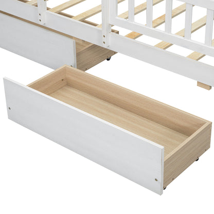 Platform Bed With LED Light, Multi Functional Headboard, Guardrail And 2 Drawers