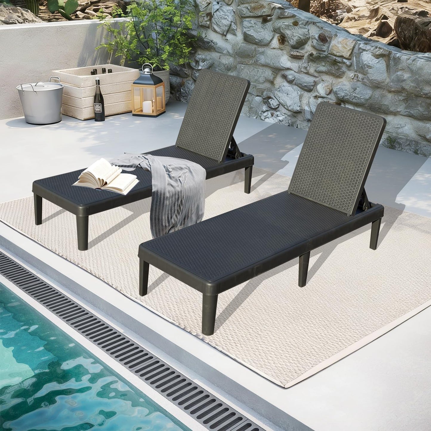 Pool Lounge Chairs Set of 2 with 6-Position Adjustable Backrest