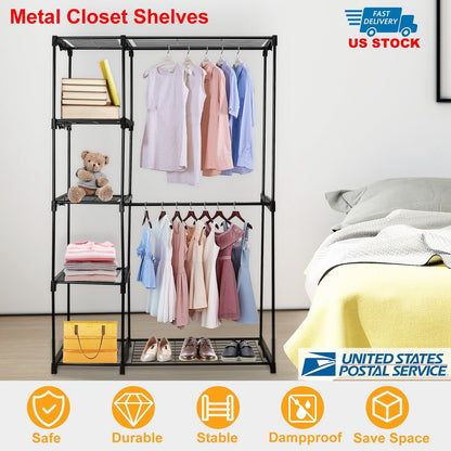Metal Closet Deluxe Double Rod Freestanding Closet Clothes Storage Organizer Coat Storage Wardrobe Metal Shoes Storage Rack with 5-Tier Wire Shelving