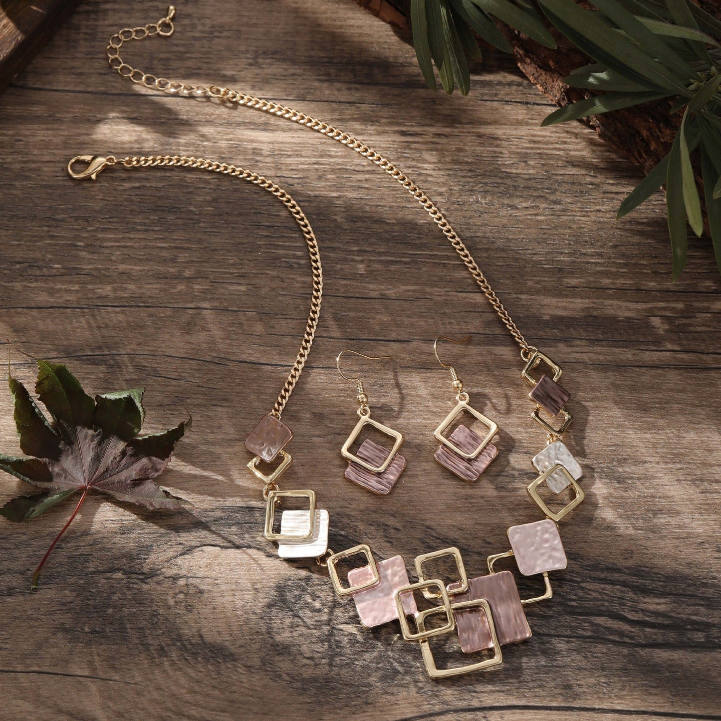Color Painting Oil Geometric Square Ear Studs Bracelet And Necklace Set