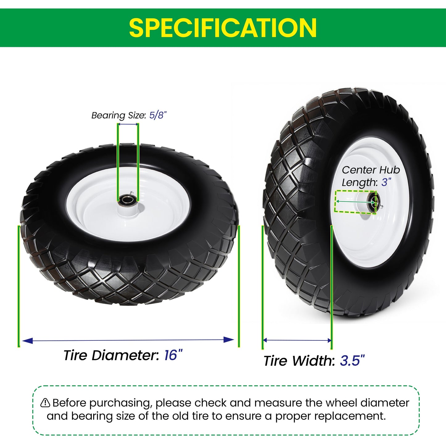 4.80/4.00-8 Flat-Free Solid Wheelbarrow Tire and Wheel, 16"