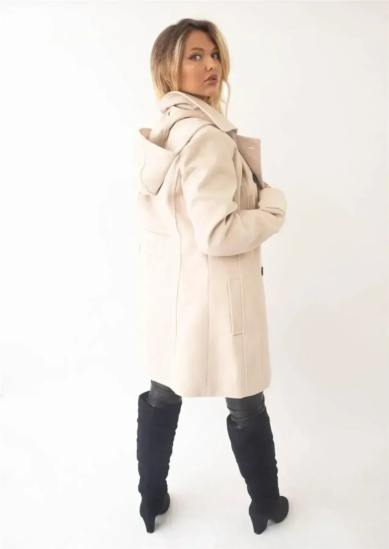 Wool Feel Double Breasted Hooded Coat
