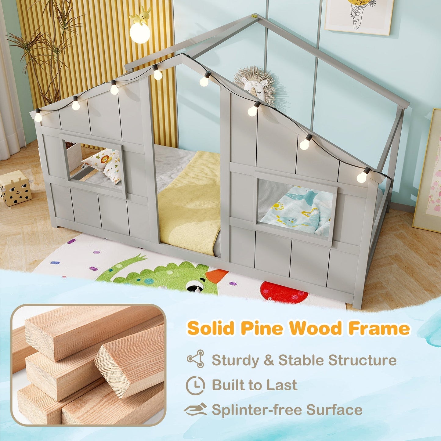 Twin Size House Bed with LED Lights Montessori Slat-free Floor Bed
