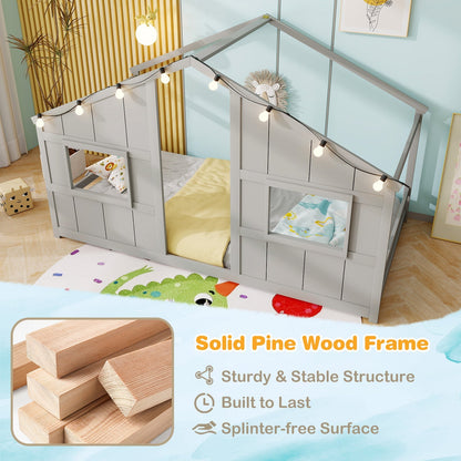 Twin Size House Bed with LED Lights Montessori Slat-free Floor Bed
