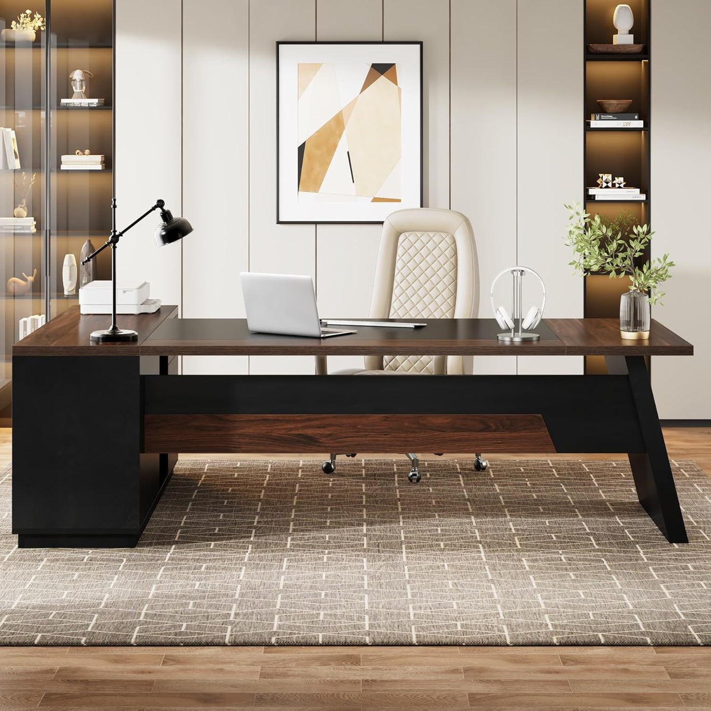 L-Shaped Executive Desk With File Cabinet & Drawers