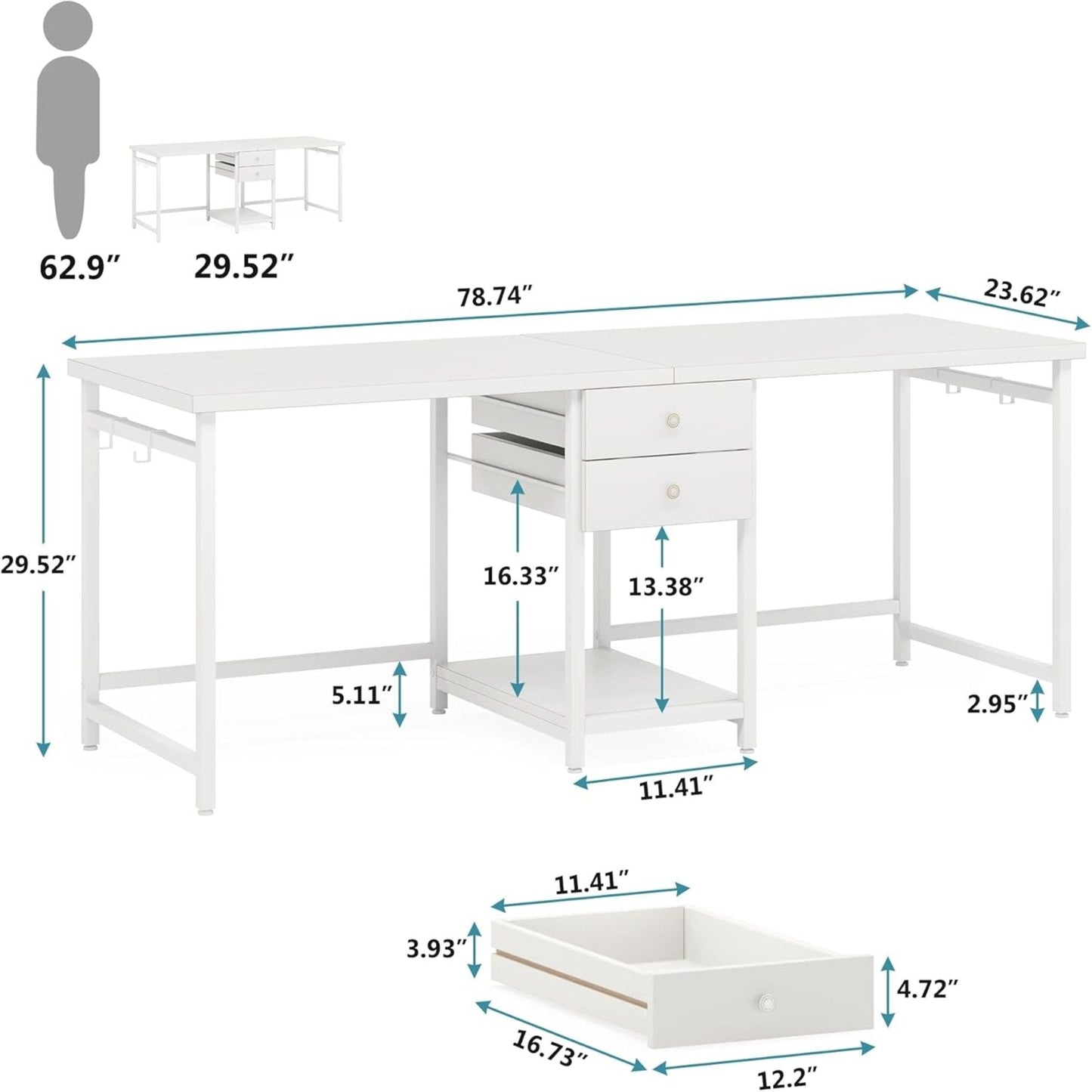 2 Person Computer Desk With Drawers And Shelves, Extra Long Double Workstation