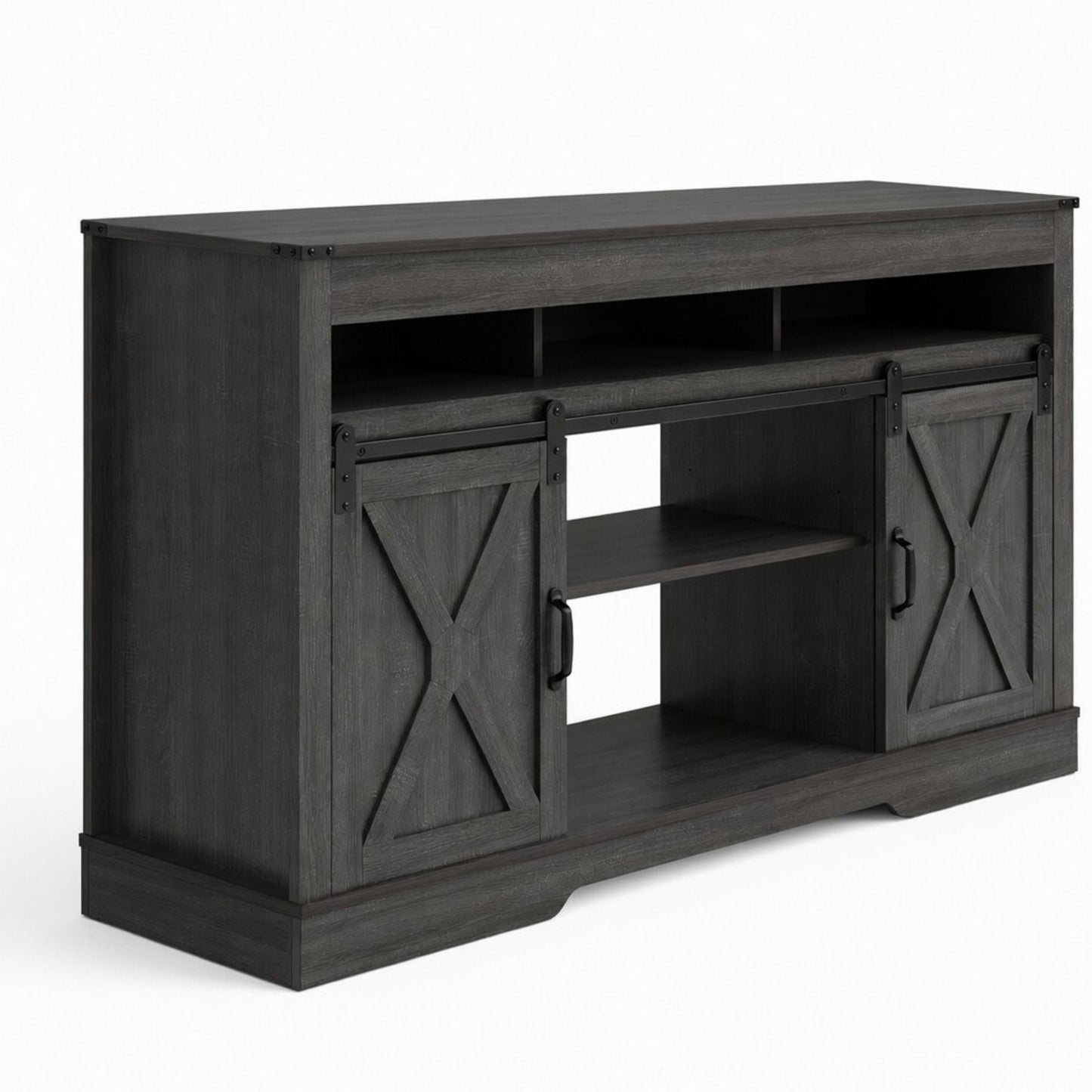 Farmhouse TV Stand With Sliding Barn Doors & Adjustable Storage