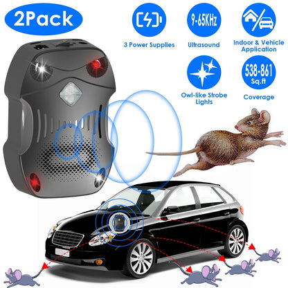 2 Pack Under Hood Ultrasonic Rodent Repeller Rodent Control Deterrent Chaser Blocker for Vehicle Indoor with Strobe Light 3 Power Supplies