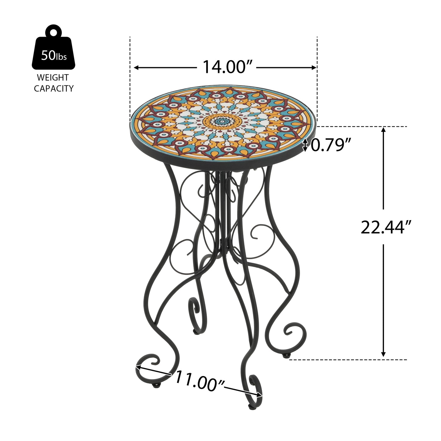 Round Ceramic Outdoor Side Table, Colorful + Black