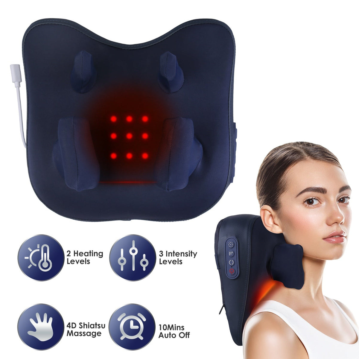 Cordless Neck Shoulder Massager With Soothing Heating 3 Intensity Levels 2 Heating Levels Electric 4D Shiatsu Deep Kneading Pillow For Back Traps Gift