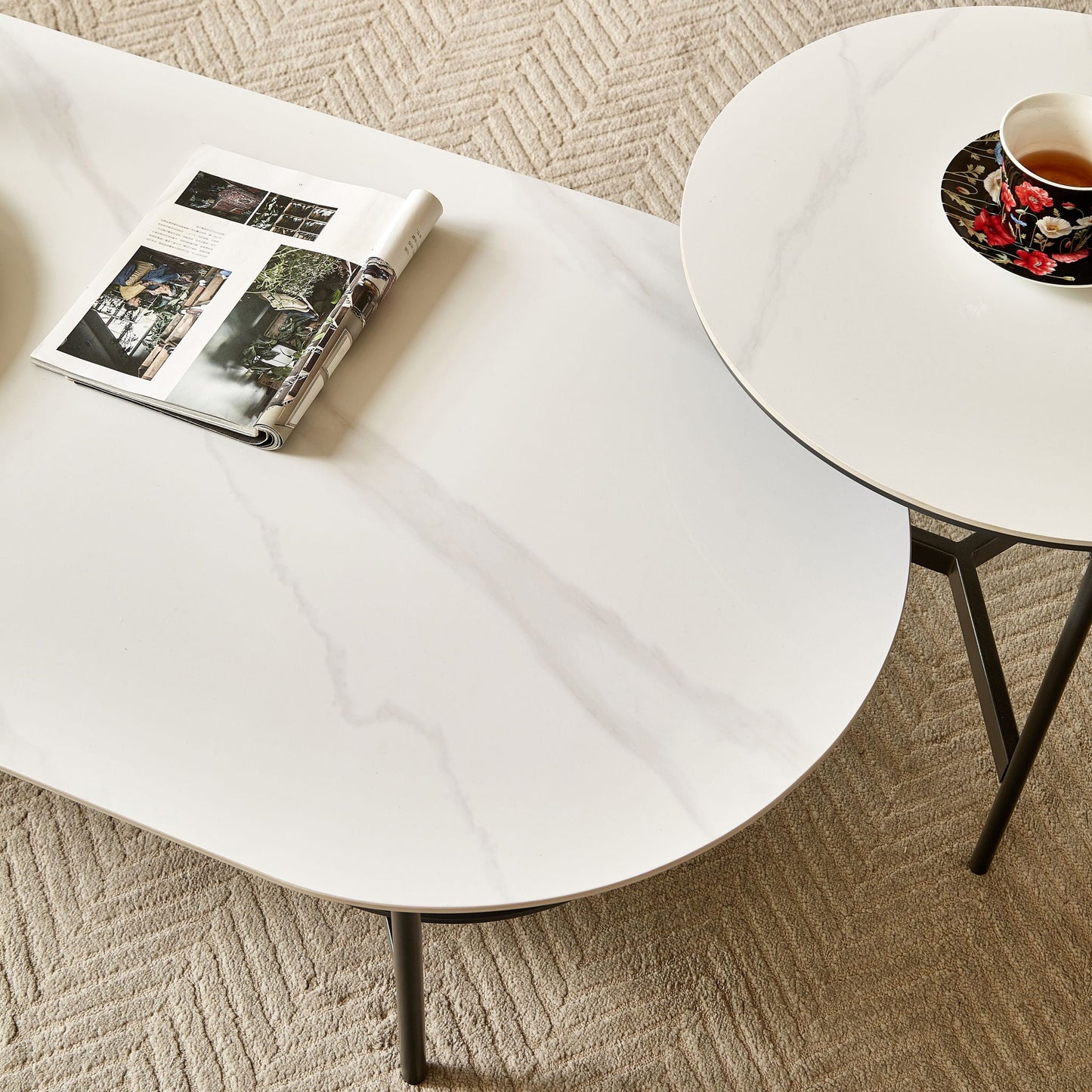 Contemporary Coffee Table Sintered Stone Surface With Ceramic Finish Double Layer Design Base Matte Shelf Modern Living Room Center Table - White / Gray