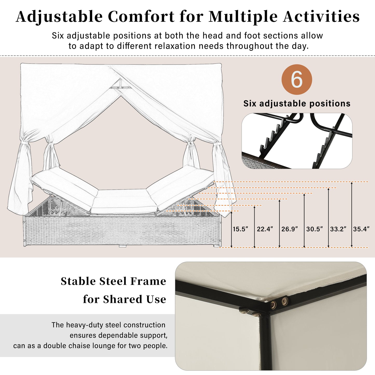 U_STYLE Outdoor Double Chaise Lounge Daybed with Curtains