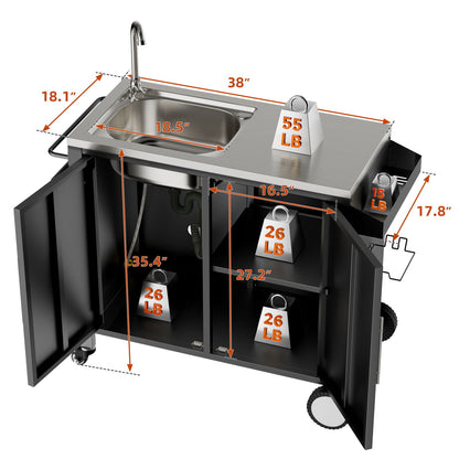 Outdoor Grill Table With Sink, Grill Cart With Sink And Cabinet With Wheels - Black / Silver