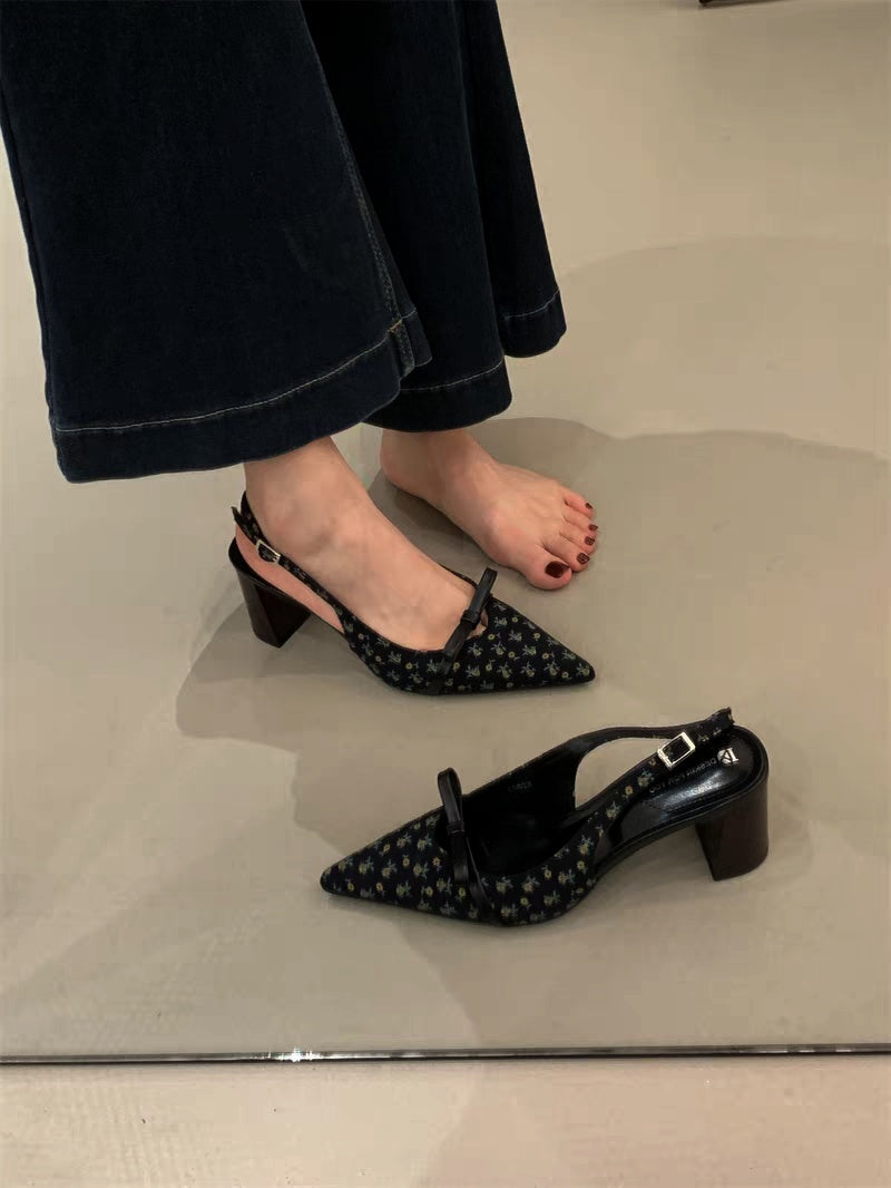 Apricot Bow Polka Dot Pointed Toe Block Heel Sandals, Elegant Gentle Style Women Closed Toe High Heels