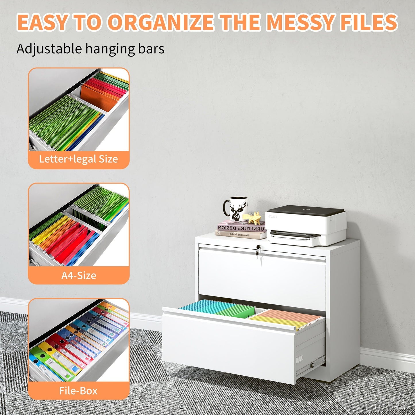 Lateral File Cabinet 2 Drawer, Locking File Cabinet With Anti Tip Interlock, Heavy Duty Storage For Letter / Legal / A4