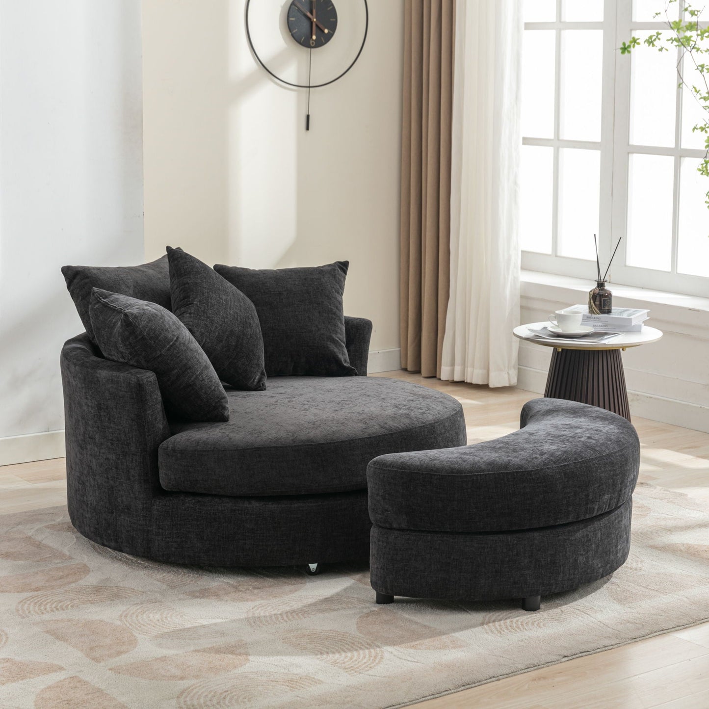 360° Swivel Accent Barrel Chair With Storage Ottoman & 4 Pillows, Modern Leisure Chair Round Accent For Living Room