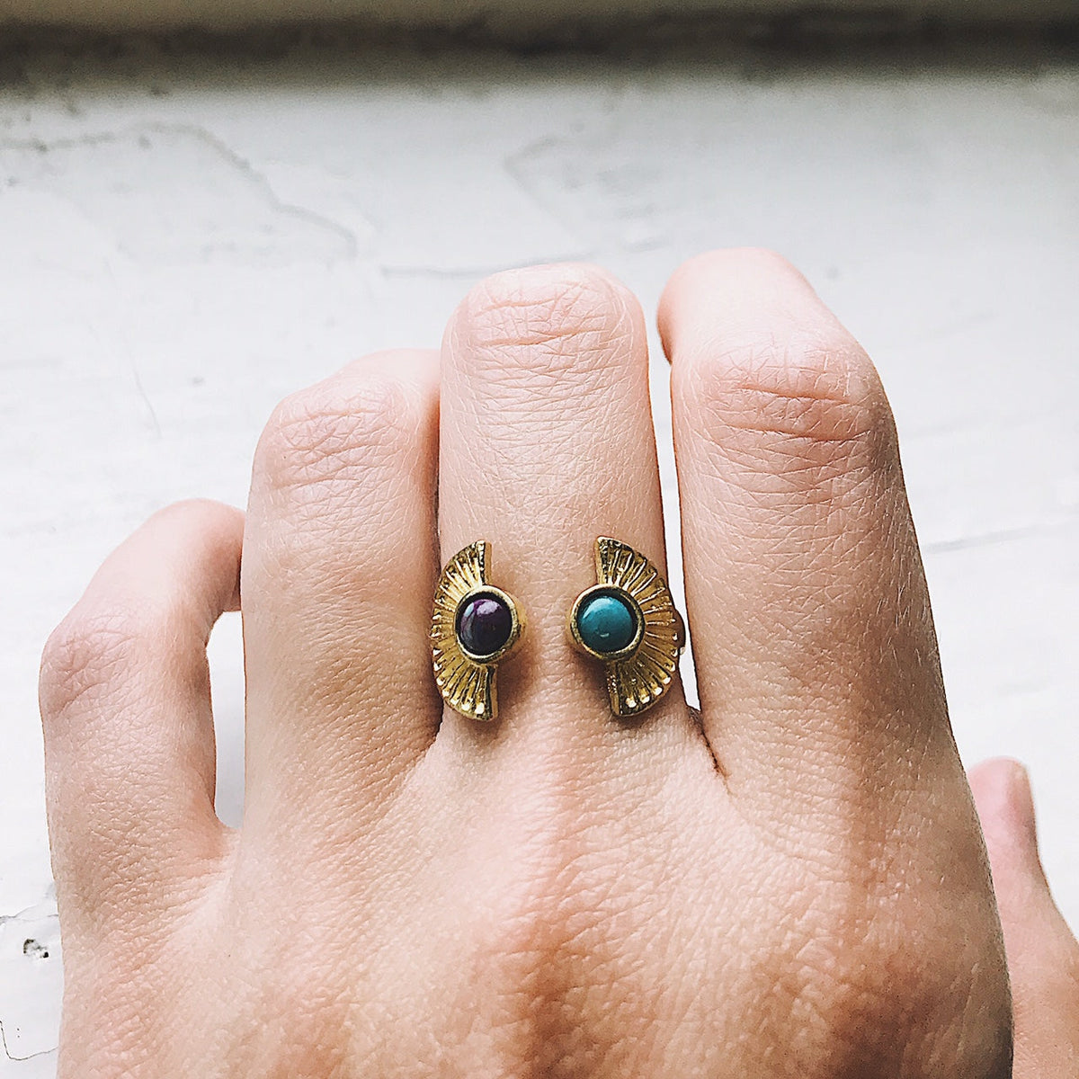 CLEARANCE Dawn to Dusk - Two Stone Turquoise Boho Sunburst Ring