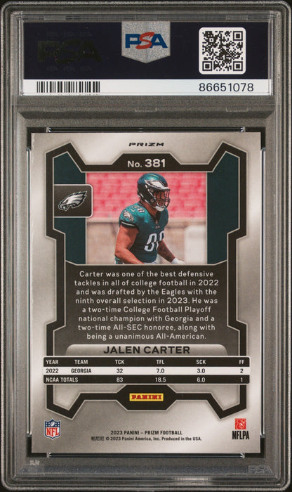 Graded 2023 Panini Prizm Jalen Carter #381 Disco Rookie RC Football Card PSA 10 Gem Mint