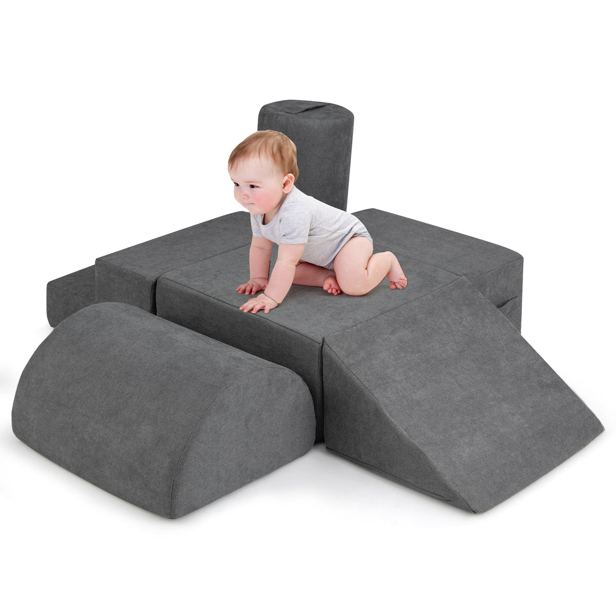 6-Piece Baby Climbing Blocks with 30D High-Density Foam and Carrying Handles-Gray