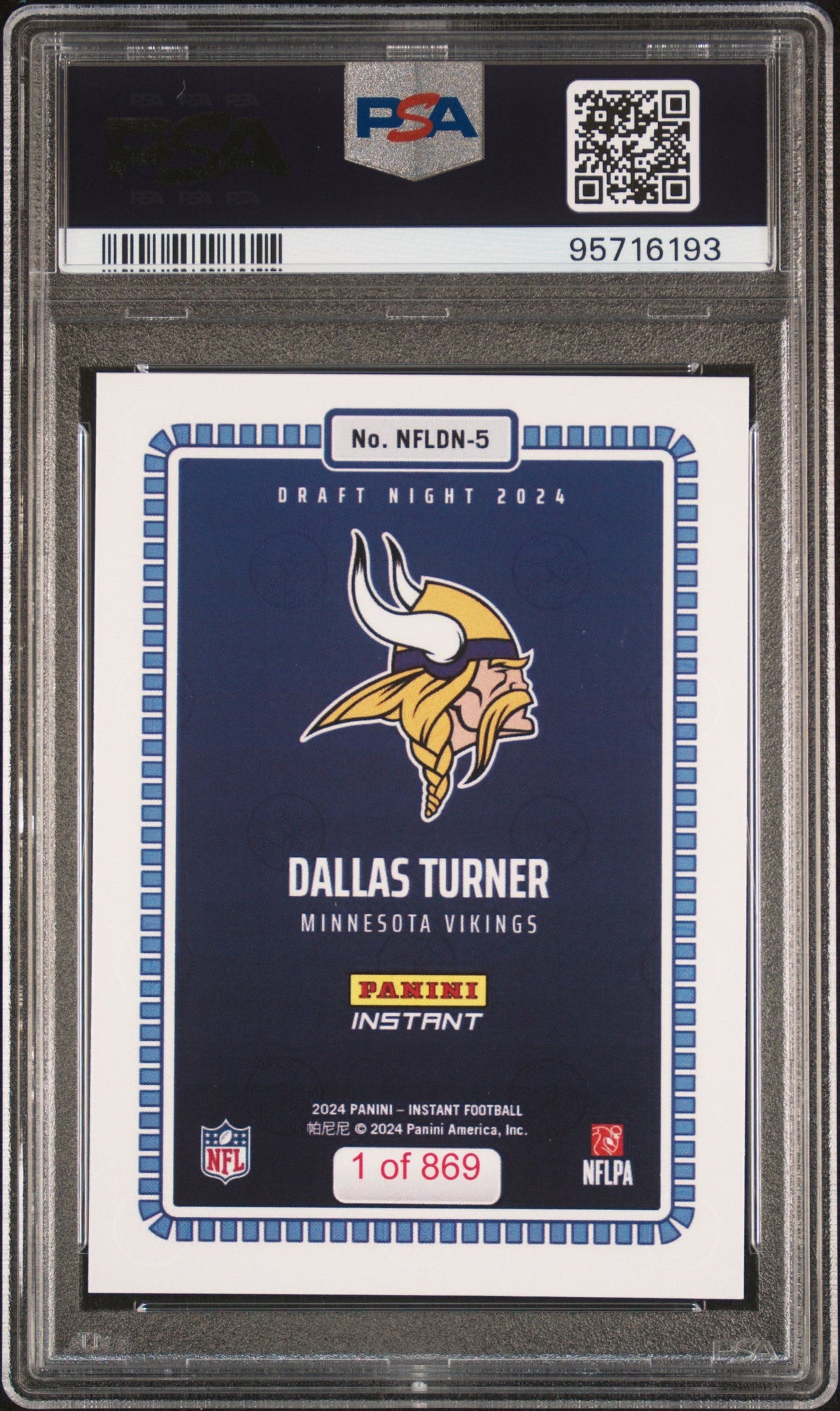 Graded 2024 Panini Instant NFL Dallas Turner #5 Draft Night Rookie RC Football Card PSA 8 Near Mint