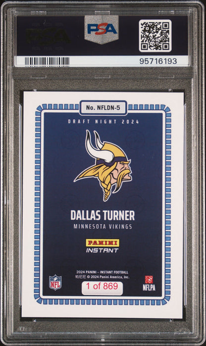 Graded 2024 Panini Instant NFL Dallas Turner #5 Draft Night Rookie RC Football Card PSA 8 Near Mint
