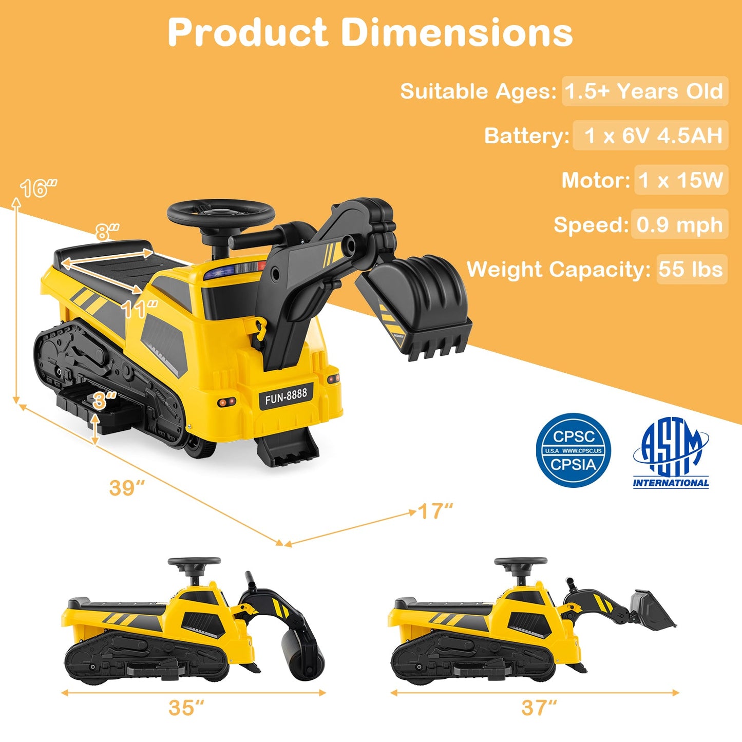 6V Ride on Tractor 3-in-1 Electric Excavator with Adjustable Arms and Music-Yellow