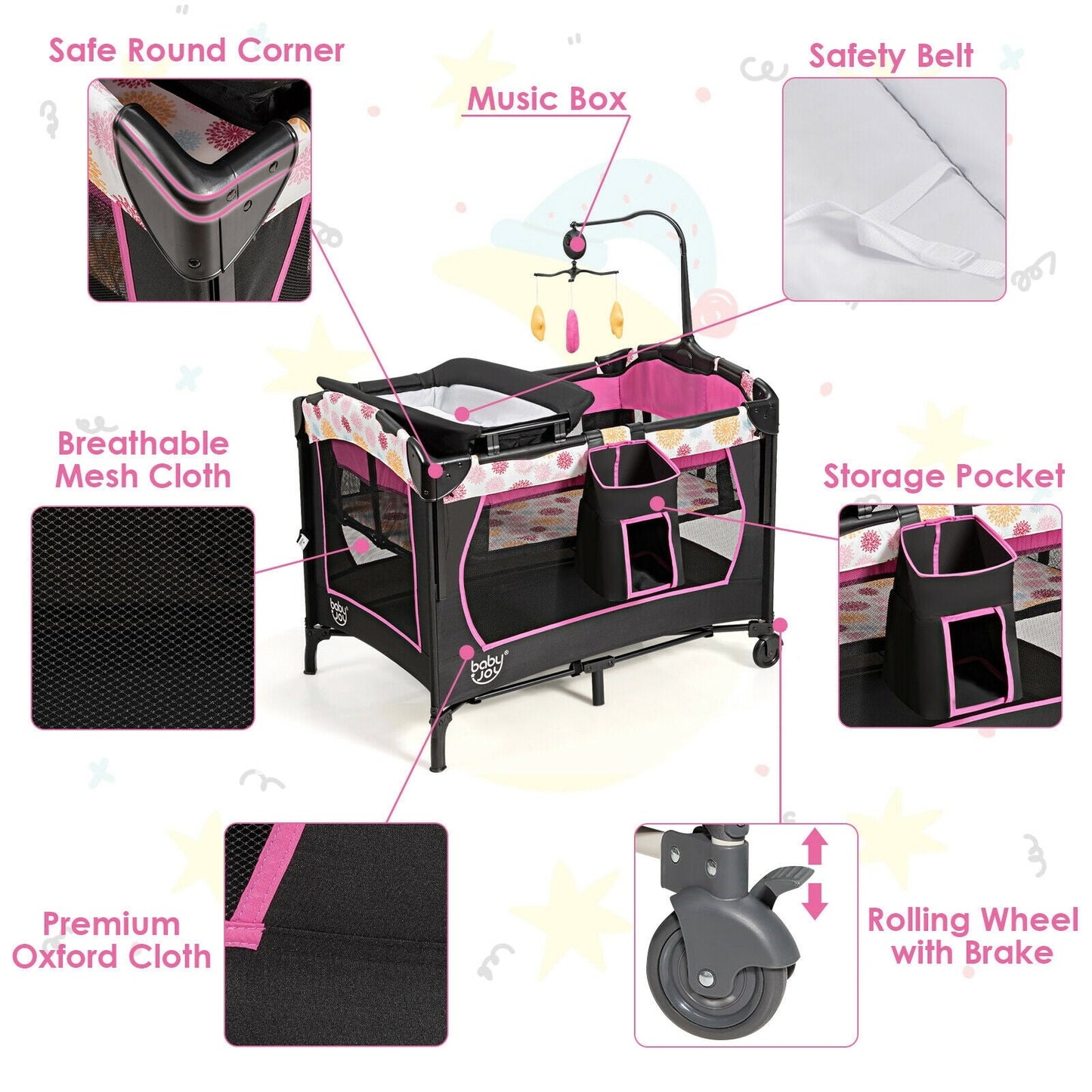 3-in-1 Convertible Portable Baby Playard with Music Box and Wheel and Brakes