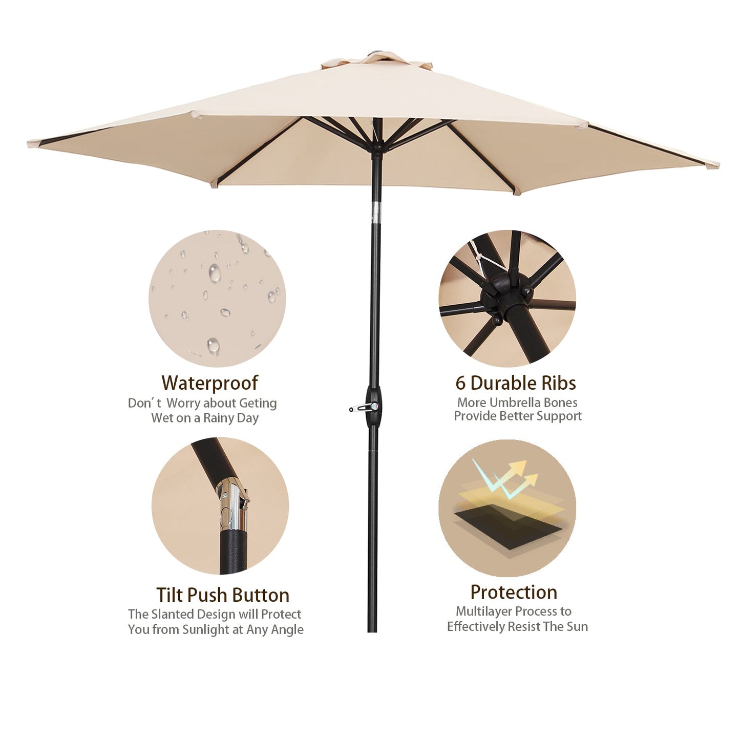 Ainfox 9ft Patio Umbrella with Push Button Tilt and Crank, Outdoor Sunshade Canopy, Waterproof and UV-Proof, Coffee