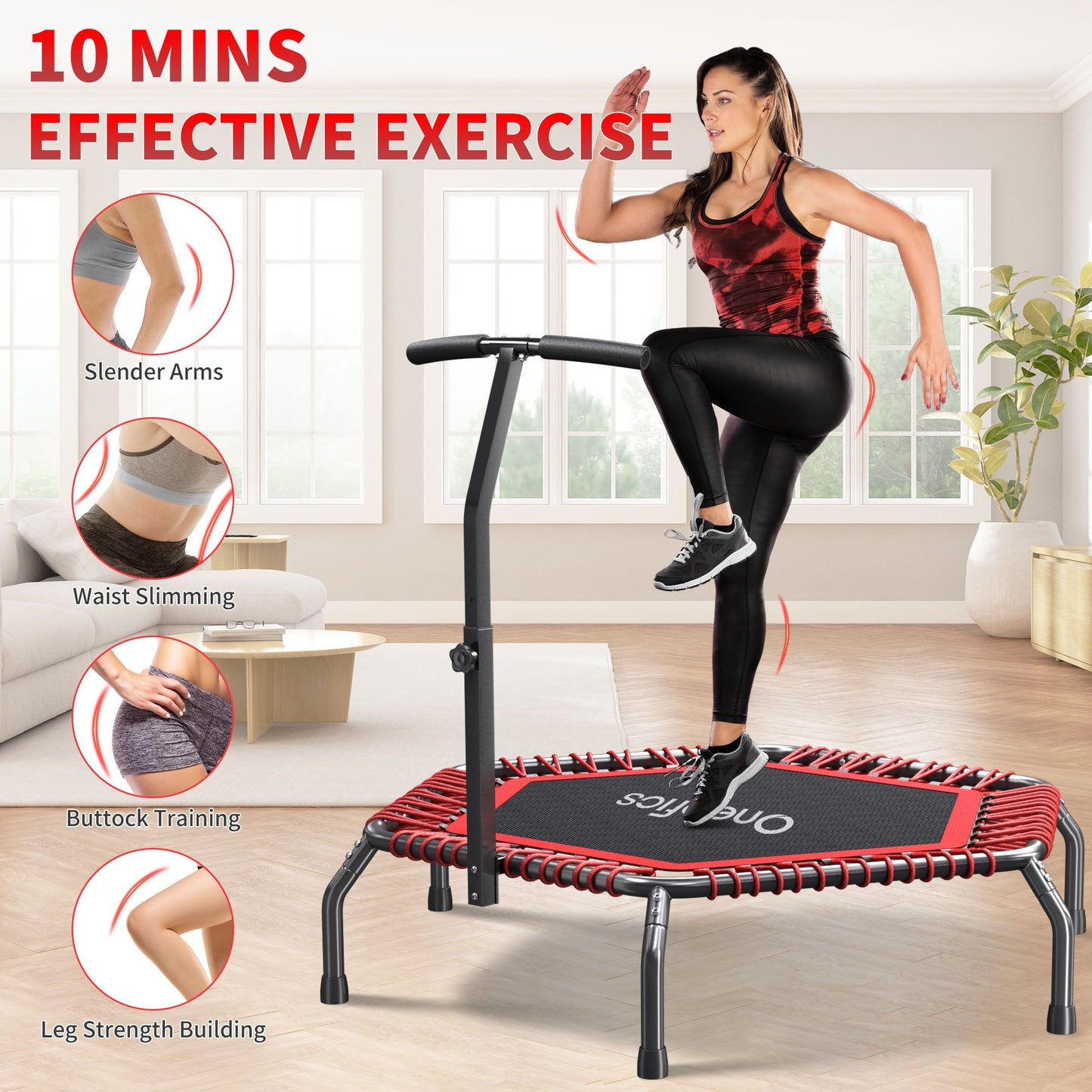 Oneofics 48”Trampoline, Foldable Fitness trampoline for Adults and Kids, Exercise Workout Rebounder Trampoline with Adjustable Handle, Max Load 550lbs