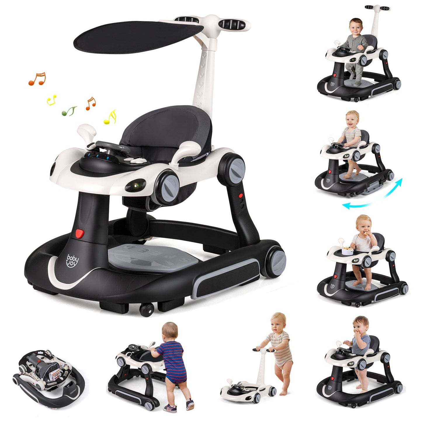 6-in-1 Baby Walker with Canopy Portable Activity Center Bouncer Rocker Combo with Music
