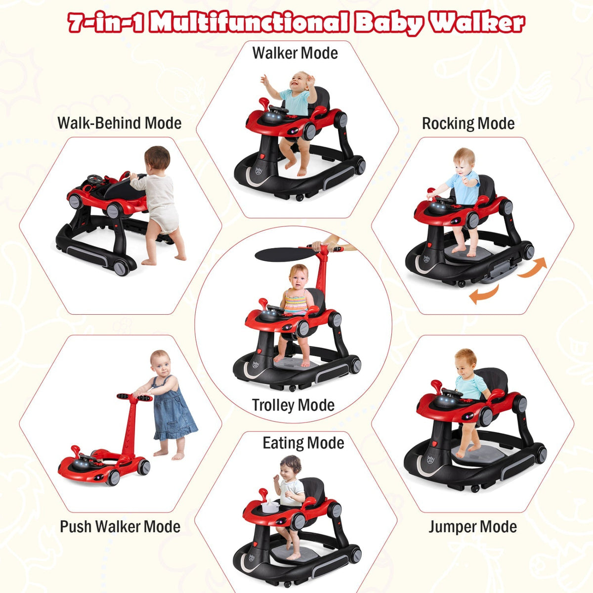 6-in-1 Baby Walker with Canopy Portable Activity Center Bouncer Rocker Combo with Music