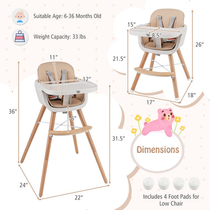 6-in-1 Convertible Wooden Highchair with Safety Harness and Adjustable Legs-Light Brown