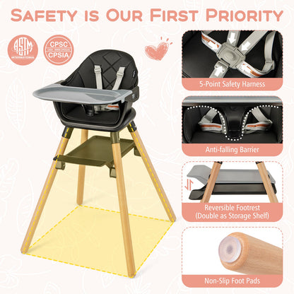 6 in 1 Convertible Highchair with Safety Harness and Removable Tray-Black